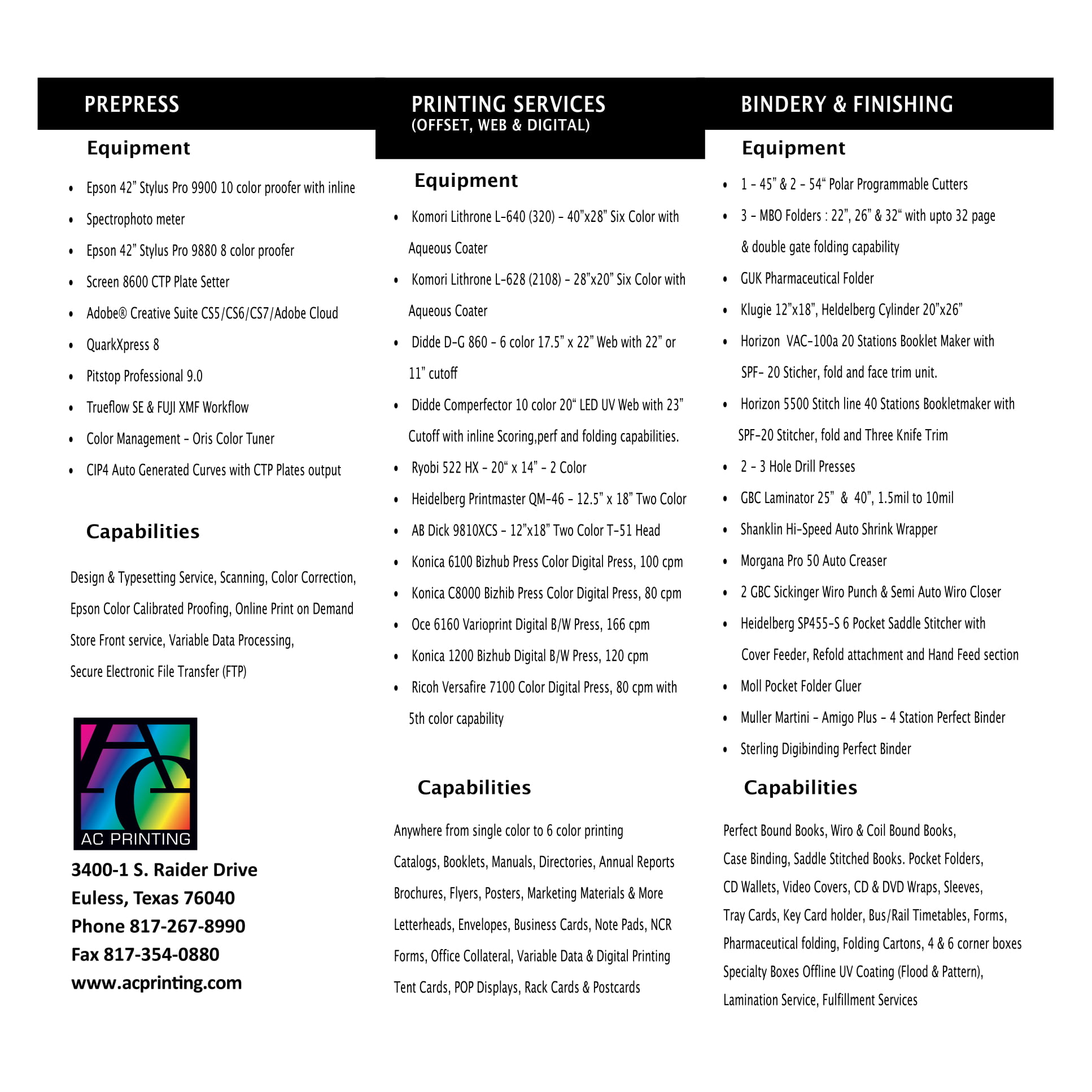 Equipment List AC Printing